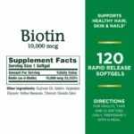 Nature’s Bounty Biotin 10,000 mcg – Healthy Hair, Skin & Nails Support (120 Softgels) - Image 3