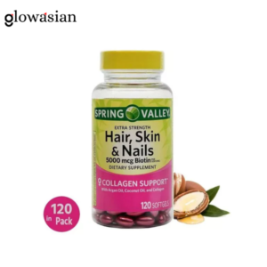 Spring Valley Hair, Skin & Nails Extra Strength – 5000mcg Biotin + Collagen Support (120 Softgels)