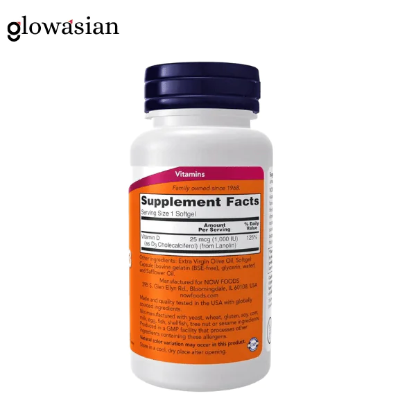 NOW Vitamin D-3 1,000 IU, High Potency, Structural support 180 Softgels - Image 2