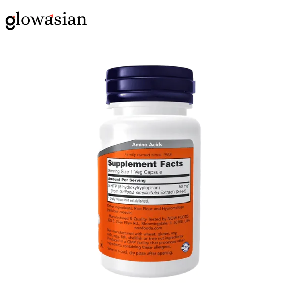 NOW Foods 5-HTP 50 mg, 30 Veg Capsules - Image 2