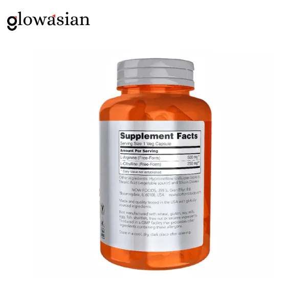 Now Arginine & Citrulline 500 mg 250 mg 120 - Veg Capsules - Image 2