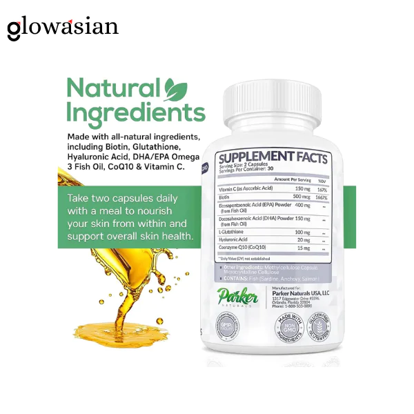 Parker Naturals Glowing Skin Supplement Biotin Glutathione Hyaluronic Acid DHA/EPA Omega 3 Fish Oil, CoQ10, Vitamin C, All Natural Skin Care Supplement 60 Capsule - Image 2