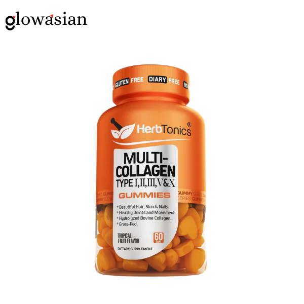 Herbtonics Multi Collagen Gummies with Biotin & Vitamin C, Hydrolyzed Collagen Peptides Types I, II, III, V, X for Hair, Skin, Nails, & Bone Support - Tropical Flavor, 60 Gummies - Image 1